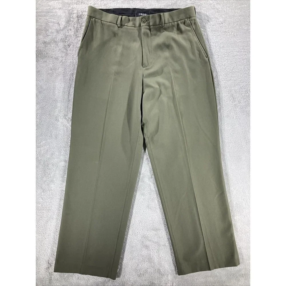 IZOD XFG‎ Pleated Chino Dress Pants Mens Size 34x30 Olive Green 100% Polyester